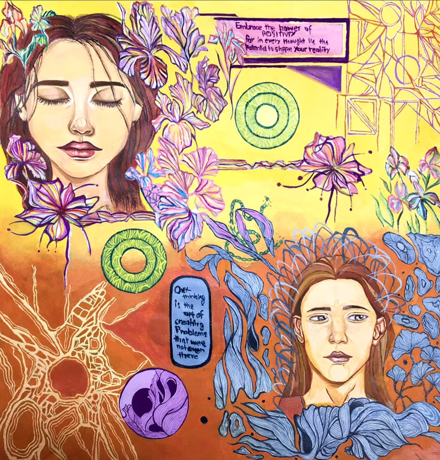 Painting of two faces surrounded by irises and green circles on a yellow ground