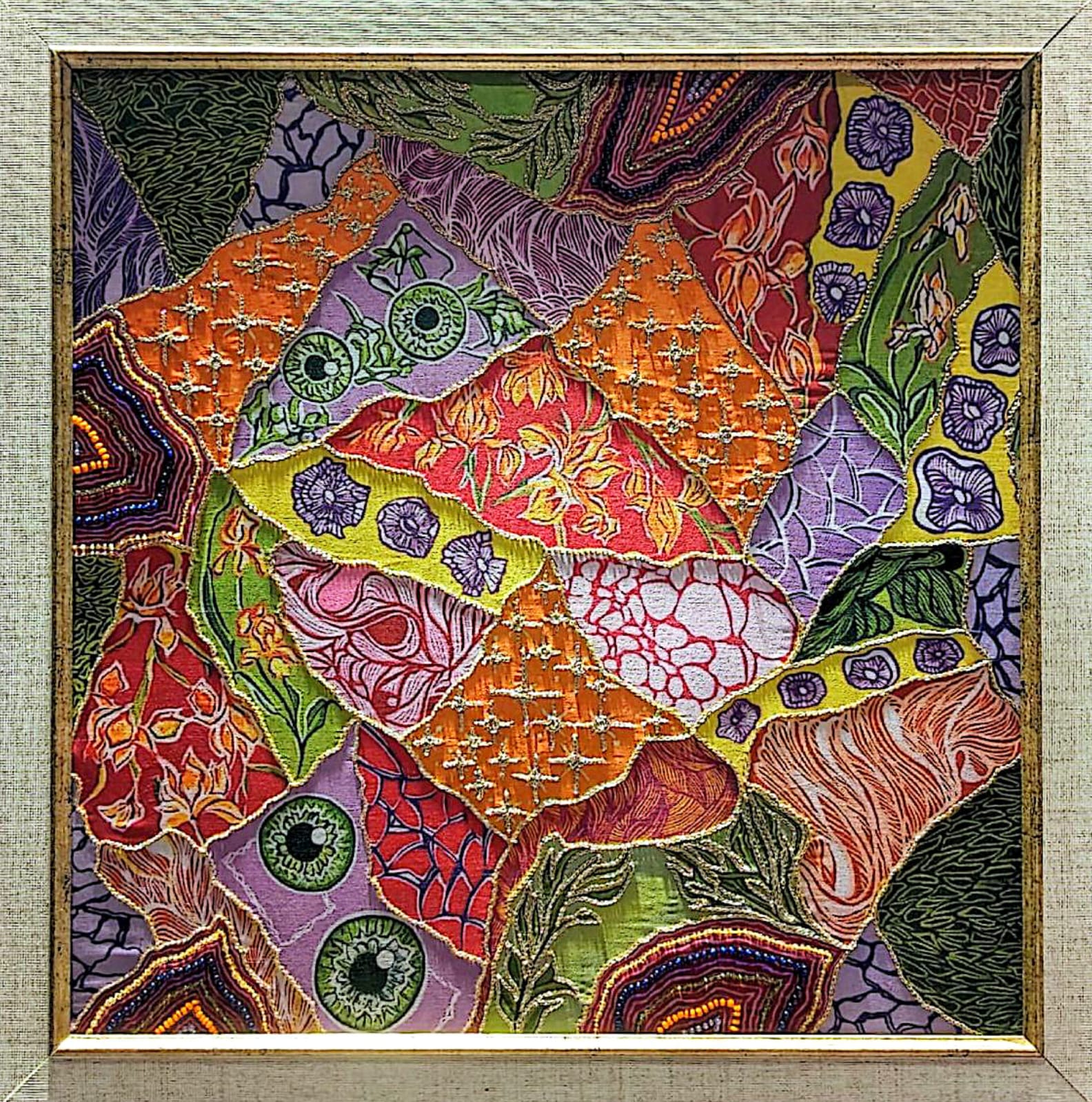 Framed silk patchwork with embroidered eyes, irises and gold-edged panels