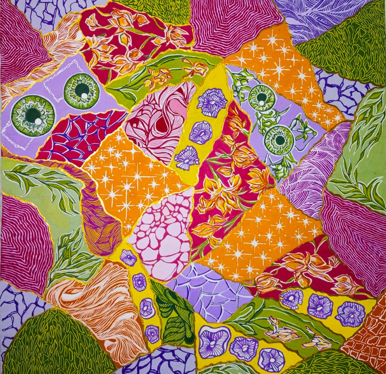 Large hand-painted patchwork of flowers, eyes and stars in magenta, orange and green